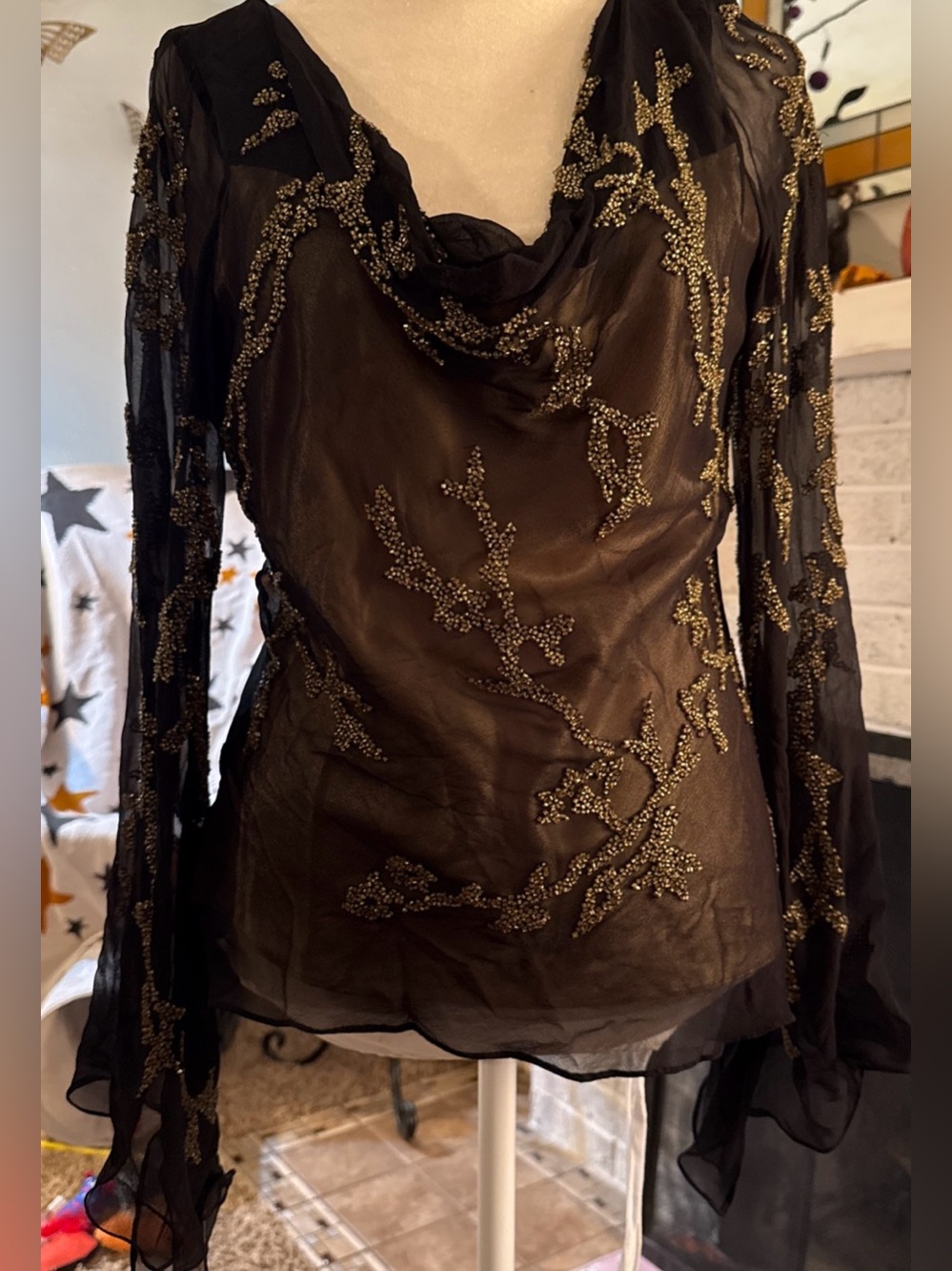 Cache Top Womens Large Vintage Y2K Beaded black gold beading scoop next silk
